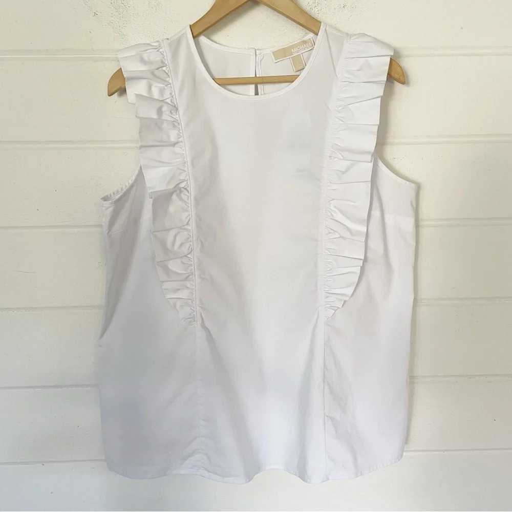 NWT Michael Kors Women’s Sleeveless Ruffle Poplin White Top Blouse Size Large - Picture 1 of 9